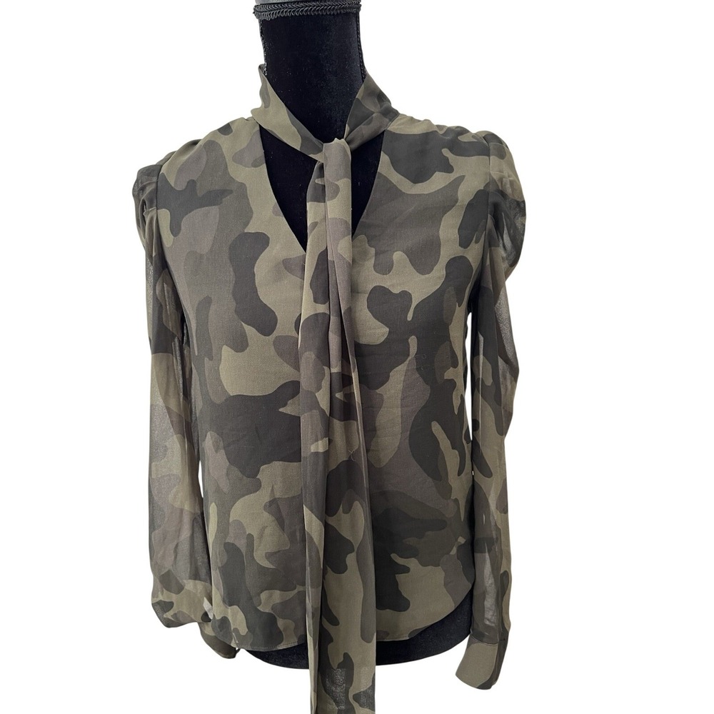 White House Black‎ Market Camo Tie Neck Puff Shoulder Blouse XXS Olive Green